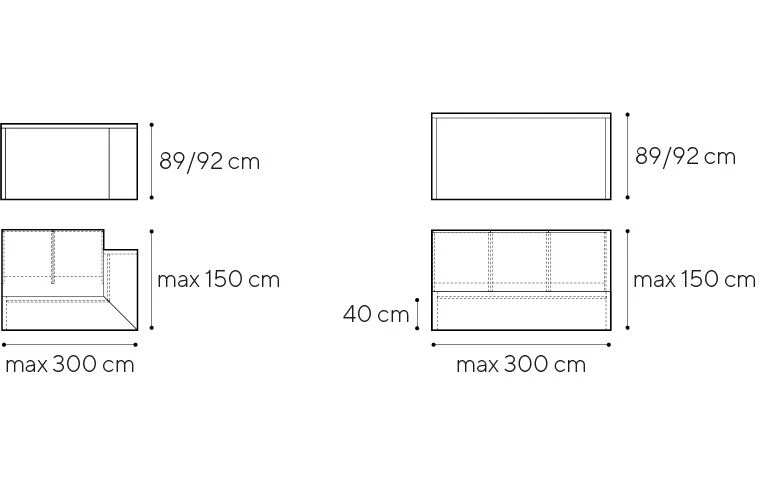 altezze 89, 92 cm profondità max 150 cm larghezza max 300 cm