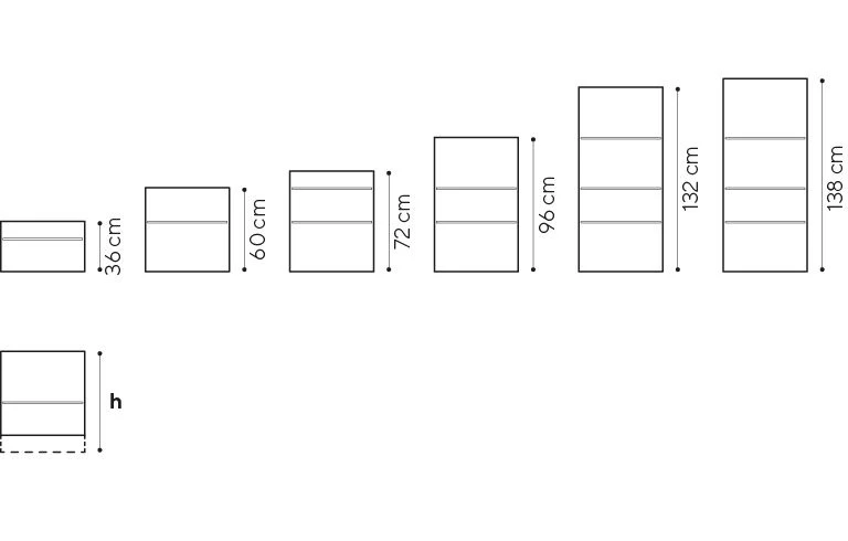 larghezze 30/45/60/90 cm<br>profondità 15 cm<br>h reducible below